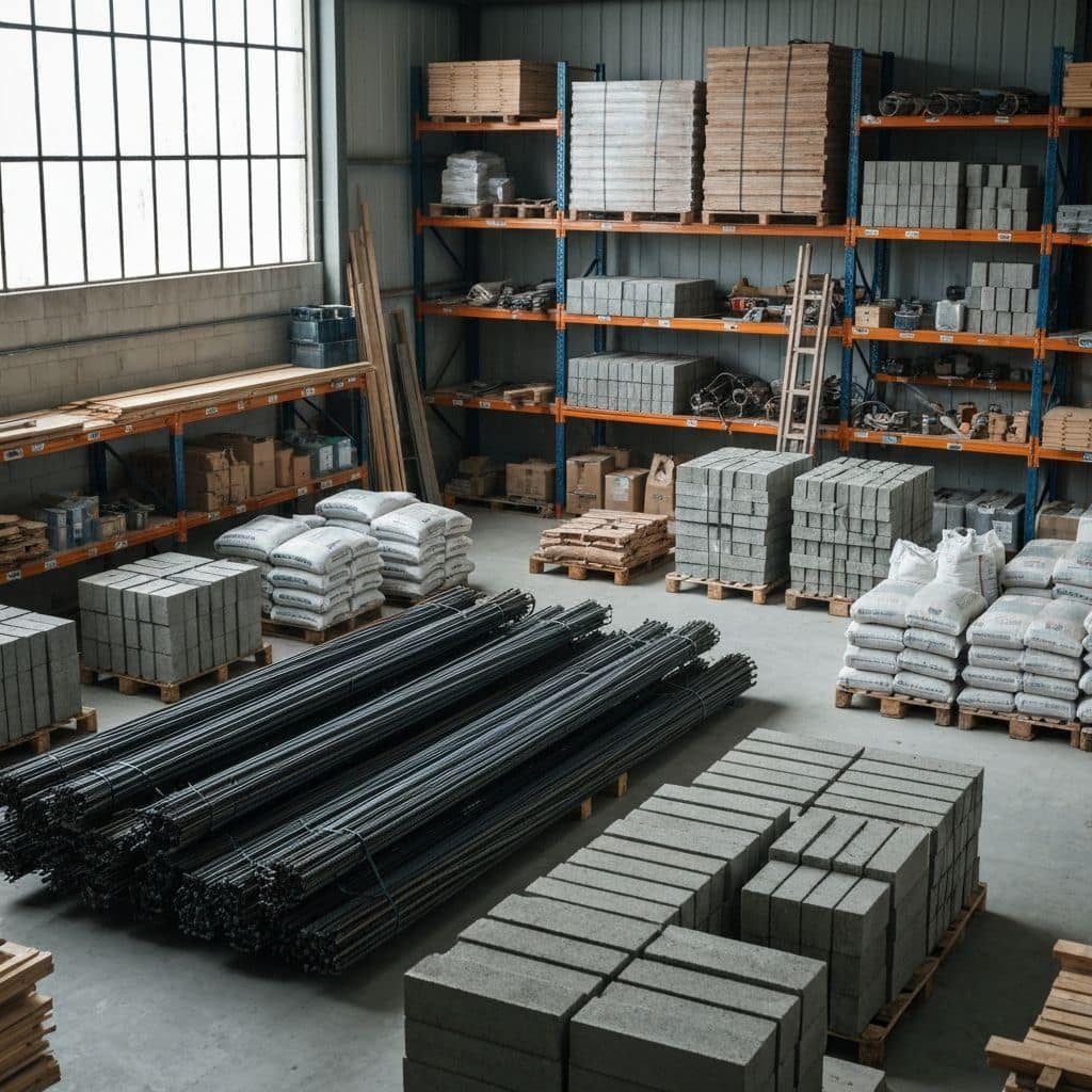 Warehouse with palletised building materials and steel reinforcement bars