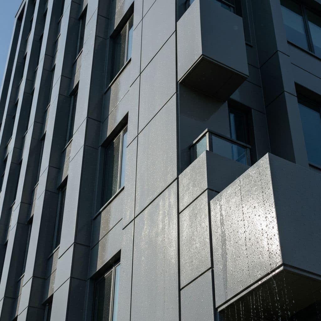 Weather-protected building facade with water beading on the surface