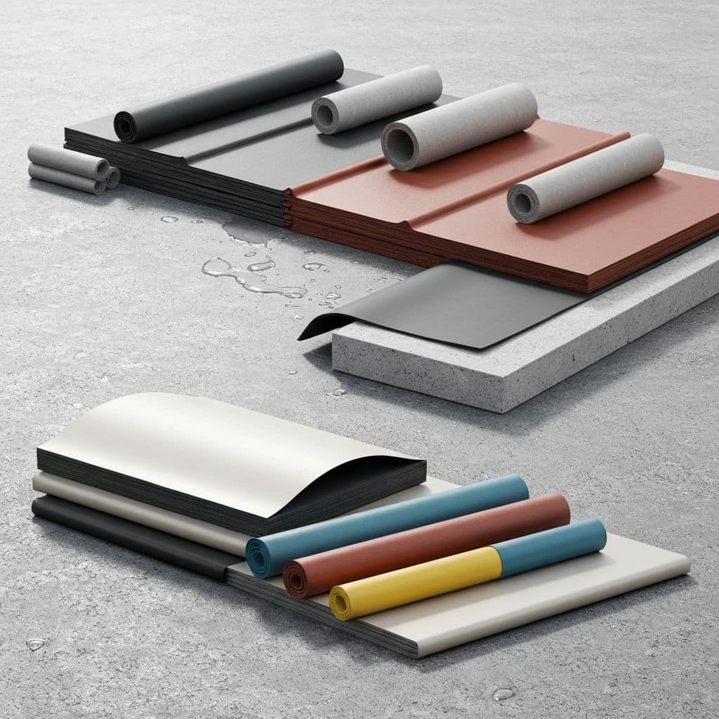 Waterproofing membranes and rolls laid out on a concrete surface